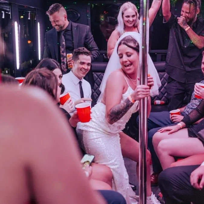 Bride dancing on a party bus in Las Vegas